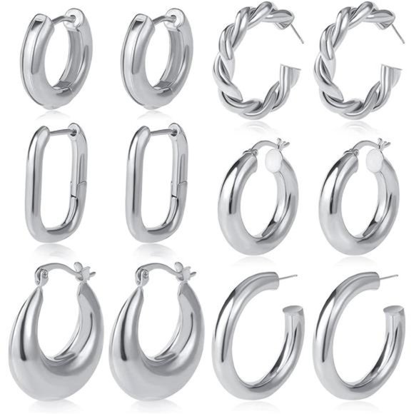 6 Pairs Chunky Gold Hoop Earrings Set for Women 14K Gold Plated Hypoallergenic - Picture 1 of 6